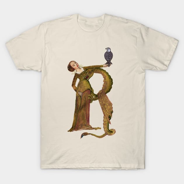 LADY DRAGON WITH FALCON R LETTER Medieval Miniature T-Shirt by BulganLumini